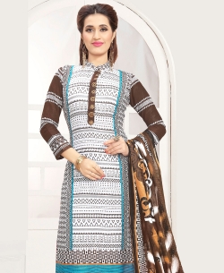 White & Brown Cotton Printed Chudidhar Suits