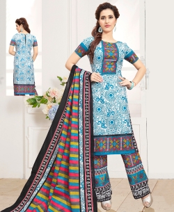 Sea Blue Cotton Printed Chudidhar Suits