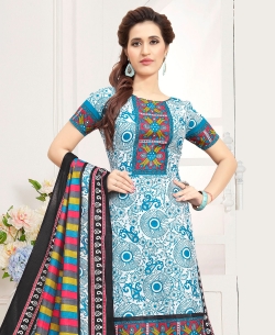 Sea Blue Cotton Printed Chudidhar Suits