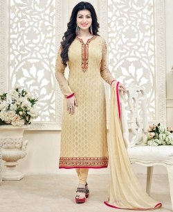 Beige Georgette Zari, Resham Embroidered, Stone Work, Lace Border Straight Suits