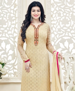 Beige Georgette Zari, Resham Embroidered, Stone Work, Lace Border Straight Suits