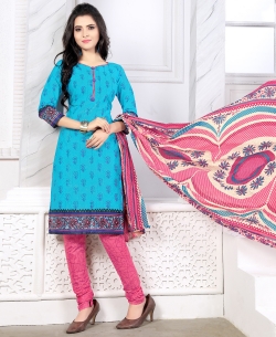 Sea Blue Cotton Printed Chudidhar Suits