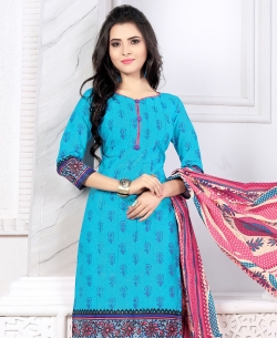 Sea Blue Cotton Printed Chudidhar Suits