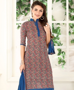 Red & Blue Cotton Printed Chudidhar Suits