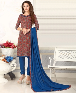 Red & Blue Cotton Printed Chudidhar Suits