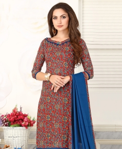 Red & Blue Cotton Printed Chudidhar Suits