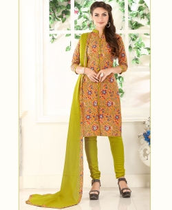 Orange And Green Cotton Printed Chudidhar Suits
