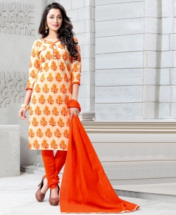 Beige Orange Cotton Printed Chudidhar Suits