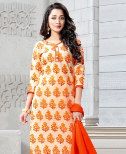 Beige Orange Cotton Printed Chudidhar Suits
