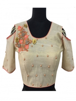 Off White Art Silk, Nett Pearl Work & Resham, Diamond Work Blouses