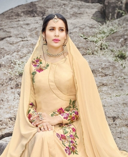 Peach Santoon Thread Embroidery Anarkali Suits