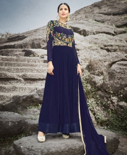 Navy Blue Santoon Thread Embroidery Anarkali Suits