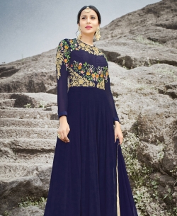 Navy Blue Santoon Thread Embroidery Anarkali Suits