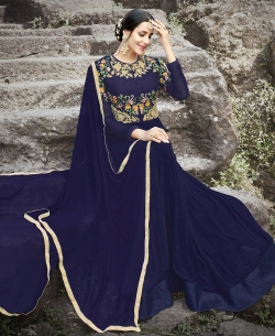 Navy Blue Santoon Thread Embroidery Anarkali Suits