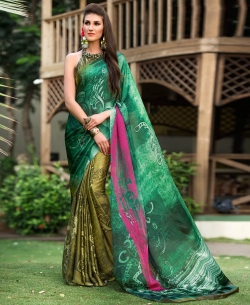 Green Satin Georgette Digital Printed Half And Half Sarees