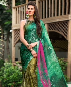 Green Satin Georgette Digital Printed Half And Half Sarees