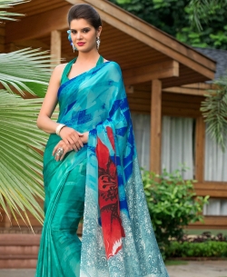Blue Satin Georgette Digital Printed Regular Sarees