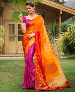 Orange And Pink Satin Georgette Digital Printed Half And Half Sarees