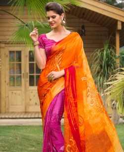 Orange And Pink Satin Georgette Digital Printed Half And Half Sarees