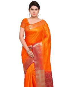 Orange Nylon Silk Weaving Print Border Sarees