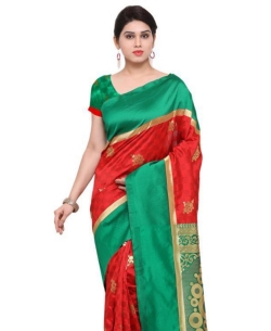 Red & Green Cotton Silk Weaving Print Border Sarees