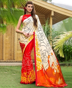 Cream And Red Satin Georgette Digital Printed Half And Half Sarees