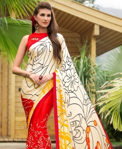 Cream And Red Satin Georgette Digital Printed Half And Half Sarees