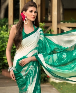Off-White And Green Satin Georgette Digital Printed Regular Sarees