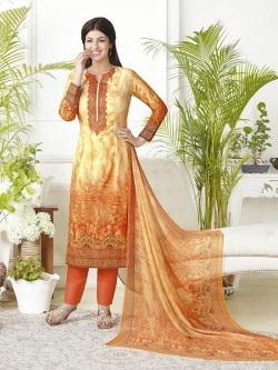 Orange & Yellow Pure Lawn Cotton Embroidery Chudidhar Suits