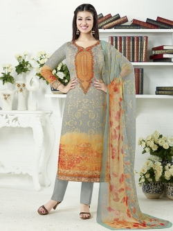 Grey Orange Georgette Printed Chudidhar Suits