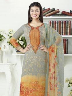Grey Orange Georgette Printed Chudidhar Suits