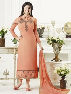 Light Orange Georgette Thread Embroidery Chudidhar Suits