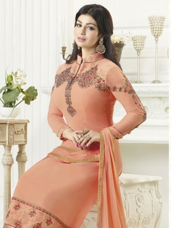 Light Orange Georgette Thread Embroidery Chudidhar Suits