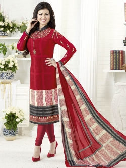 Red Crepe Thread Embroidery Chudidhar Suits