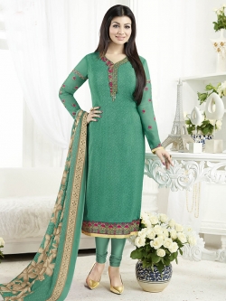 Green Crepe Thread Embroidery Chudidhar Suits