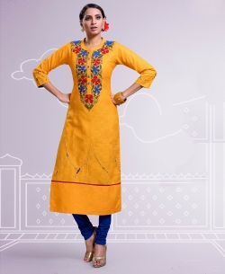 Oragne Cotton Jacquard Floral Embroidery Straight Cut Kurtis