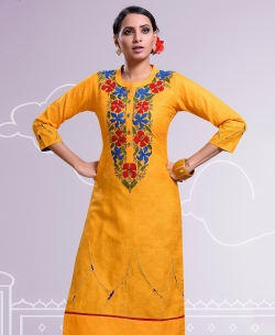 Oragne Cotton Jacquard Floral Embroidery Straight Cut Kurtis