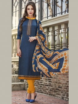 Navy Blue Cotton Satin Printed Chudidhar Suits