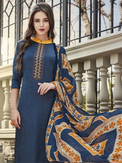 Navy Blue Cotton Satin Printed Chudidhar Suits