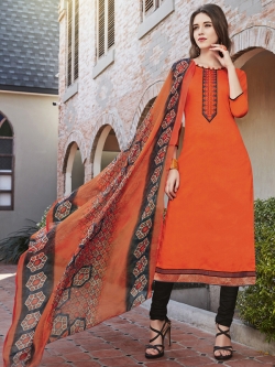 Orange Cotton Satin Printed Chudidhar Suits