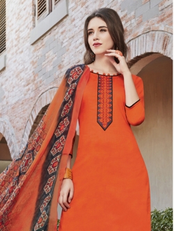 Orange Cotton Satin Printed Chudidhar Suits