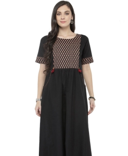 Black Pure Cotton Border Work Straight Cut Kurtis