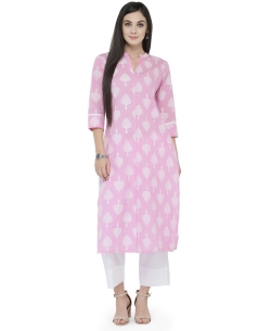 Light Pink Cotton Printed Straight Cut Kurtis