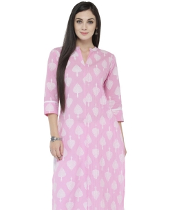 Light Pink Cotton Printed Straight Cut Kurtis