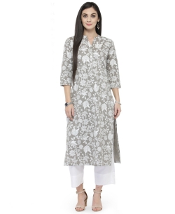 Grey Cotton Printed Straight Cut Kurtis