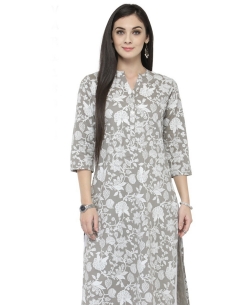 Grey Cotton Printed Straight Cut Kurtis
