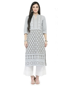 Grey Cotton Printed Straight Cut Kurtis