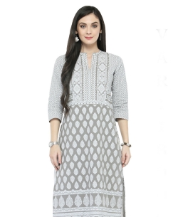 Grey Cotton Printed Straight Cut Kurtis