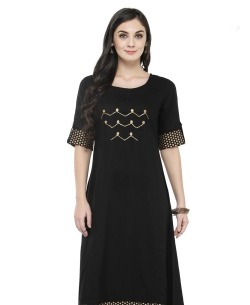 Black Rayon Border Work Straight Cut Kurtis