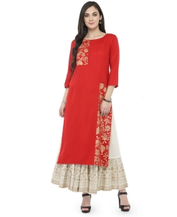 Red Rayon Border Work Straight Cut Kurtis